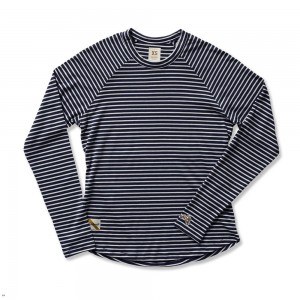 Navy White Tracksmith Horizon Long Sleeve Women's Shirts | KBWVO-0752