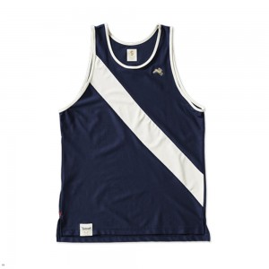 Navy White Tracksmith Van Cortlandt Men's Singlet | SXPLO-2750