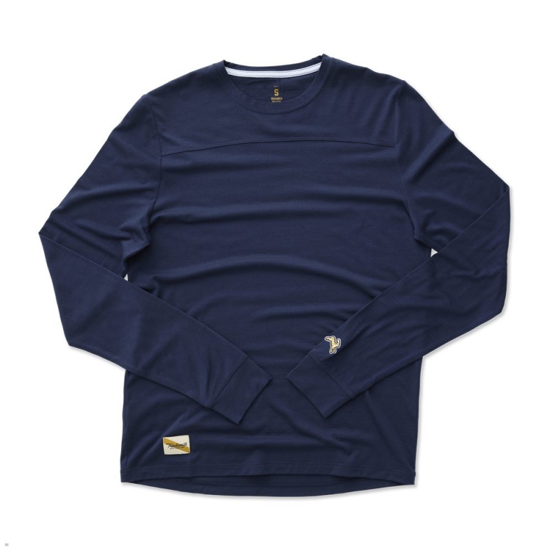 Navy Tracksmith Harrier Long Sleeve Men\'s Shirts | QGRPF-6940