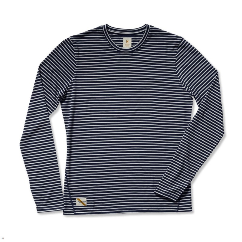 Navy White Tracksmith Horizon Long Sleeve Men\'s Shirts | YZFXG-7582